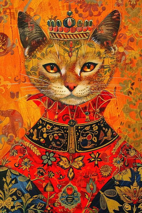 Add a touch of regal charm to your space with this vibrant Royal Cat Portrait Art Nouveau poster. Featuring a majestic cat adorned in ornate attire, this bohemian style animal art is perfect for creating a whimsical atmosphere in your home or office.  SPECIFICATIONS Royal Cat Portrait Poster Very high resolution, incredibly detailed, vivid colors. Choose from Premium Semi-Glossy or Museum Matte Finish Medieval Cat, Art Nouveau Cat, Medieval Kingdom, Majestic Art, Majestic Cat, Royal Cat, Russian Cat, Russian Folklore, Kids Bedroom Art