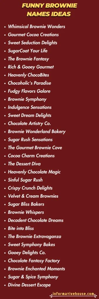 Indulge in Delicious Delights: 499+ Funny Brownie Names Ideas! Brownie Business Name Ideas, Cake Business Names, Brownie Business, Brownie Shop, Food Cart Business, Dessert Names, Chocolate Fantasy, Dessert Decor, Unique Business Names