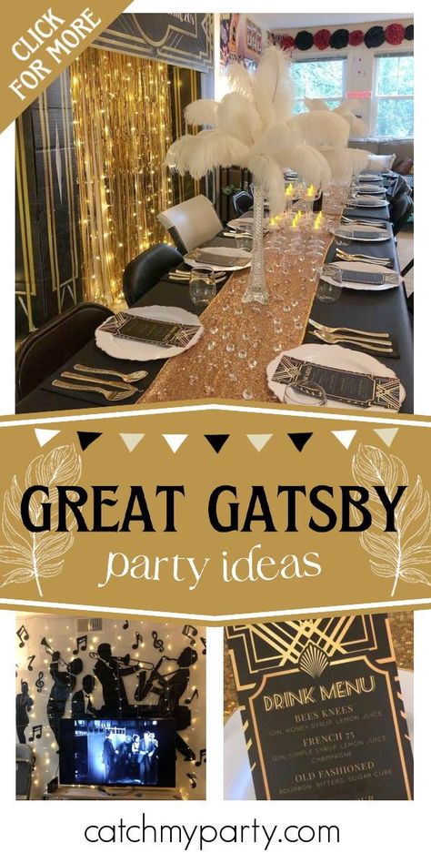 50th Birthday Great Gatsby Theme, Great Gatsby Graduation Party, Gatsby Birthday Party Decorations, Great Gatsby Engagement Party, Great Gatsby Casino Party, 1920s Party Ideas Decoration, Gasby Decoration Party, Gatsby Party Food Ideas, Great Gatsby Decorations Ideas