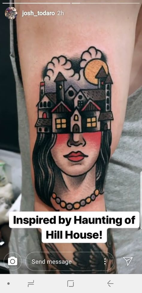 Haunting of Hill House tattoo Silent Hill Traditional Tattoo, The Haunting Of Hill House Tattoo, Hill House Tattoo, Haunting Of Hill House Tattoo, Monster House Tattoo, Burning House Tattoo, House Tattoo, Haunted House Tattoo, Horror Movie Tattoos