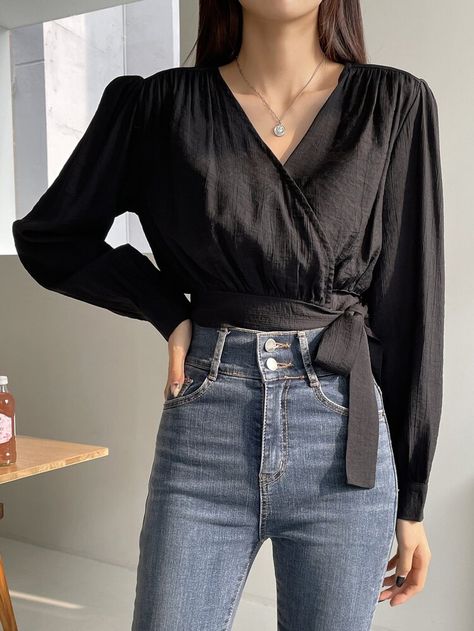 DAZY Textured Puff Sleeve Wrap Knot Side Blouse | SHEIN ASIA Black Wrap Blouse Outfit, Knotted Blouse, Top Ideas, Shoulder Tops, Women Blouses, Blouse Outfit, Off The Shoulder Top, Off Shoulder Tops, Shein Style