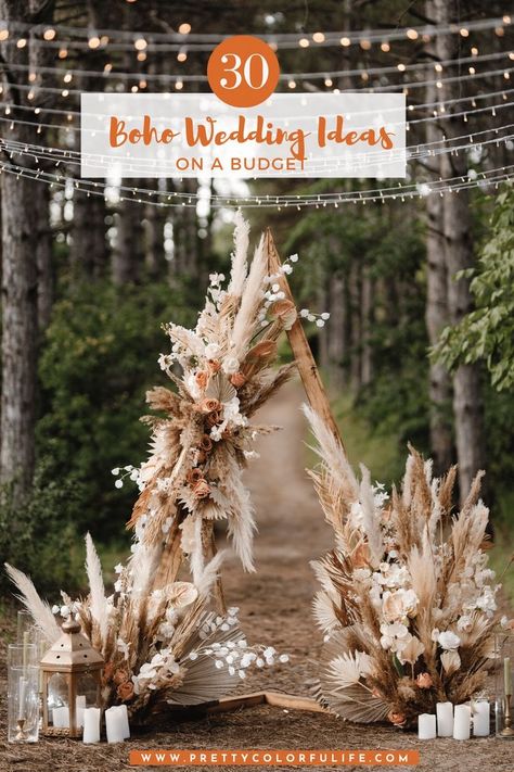 Hobo Wedding Centerpieces, Rustic Boho Wedding Backdrop Reception, How To Make Boho Floral Arrangement, Boho Chic Arch Wedding, Dried Flowers Ideas For Wedding, Bohemian Table Centerpieces, Boho Wedding Centre Piece Ideas, Boho Wedding On A Budget Ideas, Boho Decor For Wedding