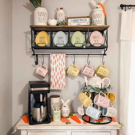 @missywaytxo on Instagram: “happy april 1 everyone! this is my first rae dunn coffee bar, what do you think? i’m so excited with how it turned out! ☕️🐰💕💐 ⁣ ⁣ the shelf…” Easter Coffee Bar, Rae Dunn Coffee Bar, Easter Coffee Bar Decor, Easter Sweets, Easter Hunt, Hot Cocoa Bar, April 1st, Cocoa Bar, Tiered Tray