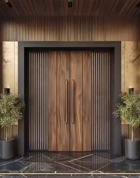 Black Marble Flooring, Modern Entrance Design, Entrance Wood Door, Elegant Entrance, Double Door Entrance, House Front Door Design, Modern Entry Door, Modern Entrance Door, House Main Door Design