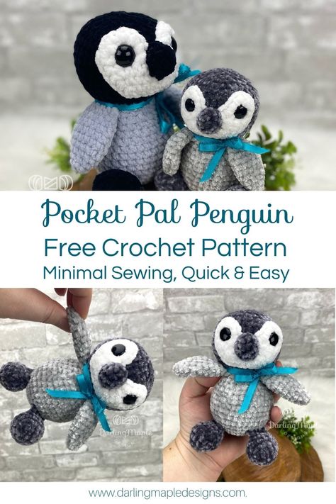 Free Penguin Crochet Pattern by Darling Maple Designs. This cute little amigurumi Penguin make the perfect baby gift and sells great at craft fairs. The pattern works up quick with easy to follow instructions, photos and video tutorials. #Penguinpattern #freepattern #amigurumipenguin Penguin Crochet Pattern, Penguin Toy, Amigurumi Penguin, Penguin Crochet, Crochet Pocket, Crochet Penguin, Pocket Pal, Penguin Pattern, Crochet Animals Free Patterns