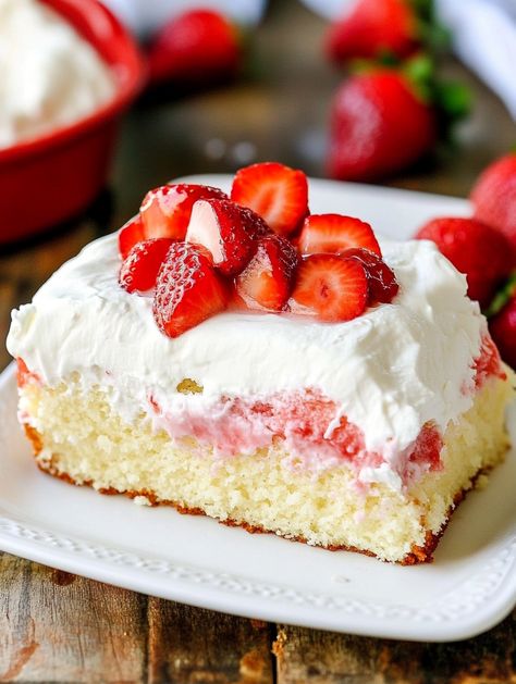 Strawberry Shortcake Sheet Cake  🍓 𝗜𝗻𝗴𝗿𝗲𝗱𝗶𝗲𝗻𝘁𝘀 🍓  2½ cups all-purpose flour* 3 tsp baking powder ½ tsp salt 1¾ cups granulated sugar ½ cup vegetable or canola oil 2 large eggs, room temperature 2 large egg whites, room temperature 2½ tsp pure vanilla extract ½ tsp almond extract ⅔ cup sour cream ¾ cup milk (whole or 2%, room temperature) Frosting: 6 oz cream cheese, softened to cool room temperature ¾ cup powdered sugar ½ tsp vanilla extract 1½ cups chilled heavy whipping cream Strawberry Shortcake Sheet Cake, Shortcake Sheet Cake, 200 Calorie Desserts, Layered Ice Cream Cake, Strawberry Sheet Cakes, Chocolate Covered Strawberry Cake, Snacking Cake, Food References, Strawberry Cake Recipe