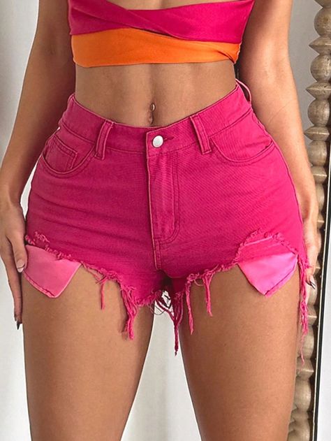 SHEIN SXY Ripped Raw Hem Denim ShortsI discovered amazing products on SHEIN.com, come check them out! Shorts Rosa, Jeans Rosa, Women Denim Shorts, Hot Pink Shorts, Neon Outfits, Pink Things, Pink Collar, Shorts Denim, Pink Jeans