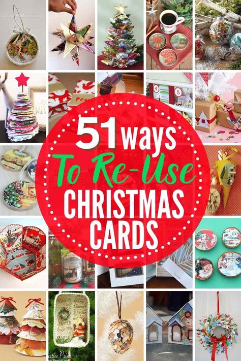 51 EPIC Ways To Reuse & Repurpose Old Christmas Cards Right Now! #whattodowitholdchristmascards #recyclechristmascards #upcyclechristmascards #repurposechristmascards #christmascardcrafts #christmascardcraftideas #waystorepurposechristmascards #oldchristmascards #reusechristmascards #newuseoldcards #waystouseoldgreetingcards #greetingcardcrafts #upcyle #repurpose #reuse #recycle Crafts For Old Christmas Cards, Small Jar Christmas Crafts, Things To Make With Old Christmas Cards, Used Christmas Card Crafts, How To Use Old Christmas Cards, Ornaments From Old Christmas Cards, Christmas Card Repurpose Ideas, Crafts Using Christmas Cards, Crafts With Christmas Cards