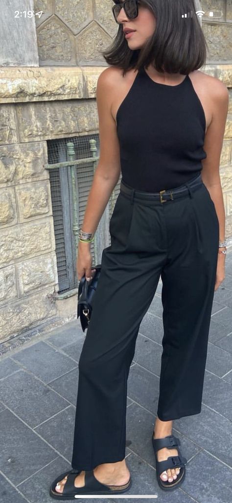 All Black Outfit Summer Work, Work Outfits Trendy, All Black Work Outfits Summer, Edgy Summer Work Outfits, Edgy Minimalist Fashion Summer, Singlets Outfit, Black Slacks Outfit Summer, Black Trouser Summer Outfit, Black Dungarees Outfit Summer