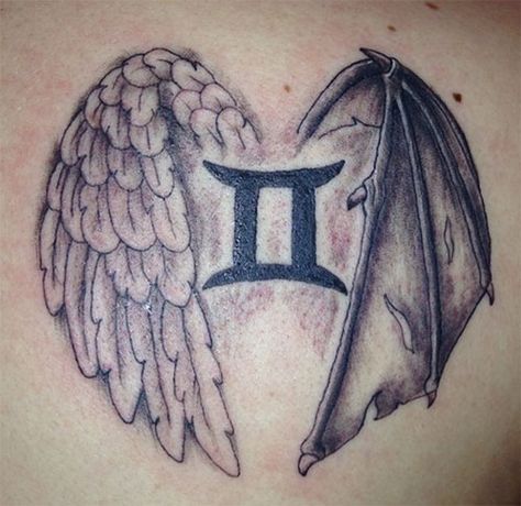 Angel and Devil wings. I wanna do something similar one day but I just don't what yet. Zwilling Tattoo, Angel Devil Tattoo, Gemini Tattoo Designs, Twin Tattoos, Devil Tattoo, Taurus Tattoos, Demon Tattoo, Gemini Tattoo, Geniale Tattoos