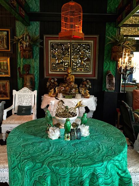 Tony Duquette malachite fabric for Jim Thompson-1 Dragonstone Interior, Malachite Interior, Maximalist Mansion, Malachite Decor, Dunrobin Castle Interior, Jim Thompson Fabric, Tent Room, Opulent Interiors, Cottages And Bungalows