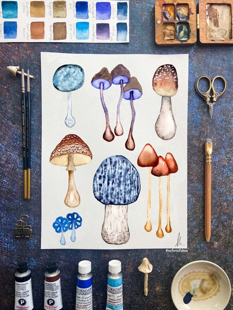 Mushrooms print, 5x7, 8x10, 11x14, original wattercolor painting Easy Mushroom Watercolor, Watercolour Mushroom Paintings, Mushroom And Butterfly Painting, Mushroom Gauche Painting, Vintage Mushroom Art, Watercolor Mashrom, Blue Mushrooms, Mushroom Vintage, Mushrooms Art