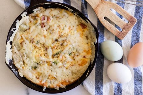 The last quiche recipe you will ever need. This sourdough skillet quiche is made with fresh eggs, ham, hashbrowns and topped with sharp cheddar cheese. Skillet Quiche, Sourdough Skillet, Ham Potatoes, Sourdough Starter Discard Recipe, Creamed Potatoes, Breakfast Quiche, Quiche Recipe, Quiche Recipes, Cast Iron Cooking