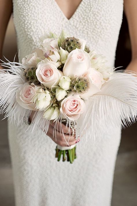 Feather flower wedding bouquet Great Gatsby Inspired Wedding Photoshoot - Photography by Sakura Photo... Feather Wedding Decorations, Pretty Wedding Bouquet, 1920s Wedding Theme, Great Gatsby Themed Wedding, Feather Bouquet, 20s Wedding, Gatsby Wedding Theme, Bouquet Bride, Feather Wedding