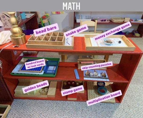 Our Montessori Shelves for a 5-Year-Old – MOMtessori Life Homeschool Preschool Room, Montessori Shelf Ideas, Montessori Homeschool Room, Preschool Homeschool Room, Skip Counting Puzzles, Montessori Shelves, Montessori Shelf, Preschool Room, Preschool Rooms