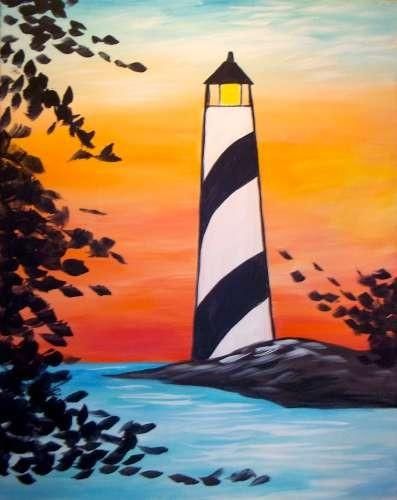 Vintage Lighthouse, Wine And Canvas, Lighthouse Painting, Lighthouse Art, Summer Painting, Easy Canvas Painting, Paint And Sip, Night Painting, Painting Class