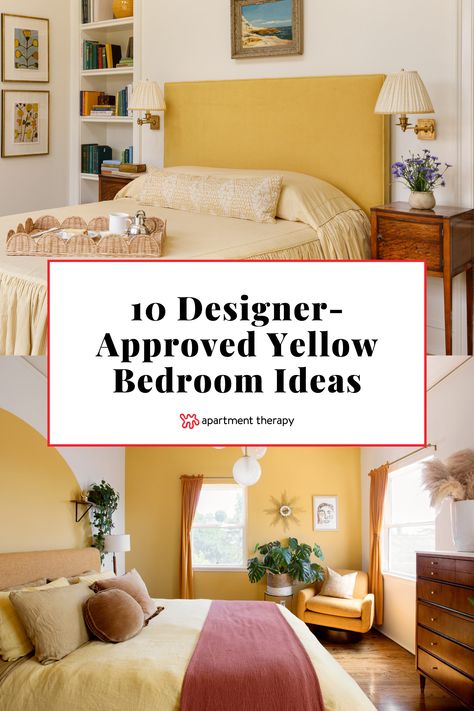 The following yellow bedroom ideas offer something for every style at any age that will make bringing this cheery color into your home as appealing as ever. Yellow And Wood Bedroom, Yellow Beige Bedroom Ideas, Yellow Bed Bedroom, Pale Yellow Bedroom Aesthetic, Yellow Yoga Room, Yellow Guest Bedroom Ideas, Yellow Pink Bedroom Ideas, Yellow Wall Decor Bedroom, Yellow Headboard Bedroom Ideas