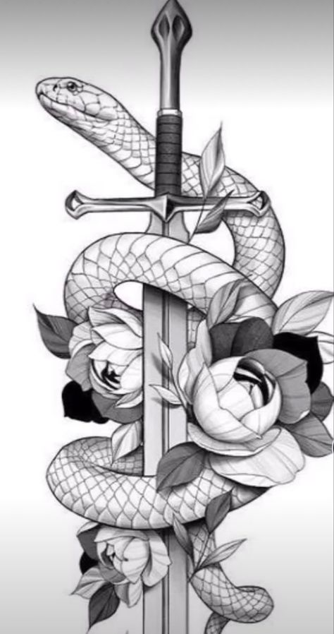 Snake And Dagger Tattoo Design, Floral Dagger Tattoo, Rose And Dagger Tattoo, Snake And Dagger Tattoo, Half Sleeve Tattoos Sketches, Rose And Dagger, Bookish Tattoos, On Tattoo, Chic Tattoo