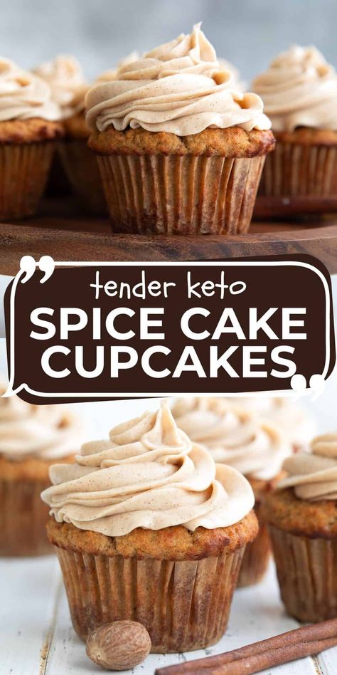 Cozy fall flavors abound in deliciously tender Keto Spice Cake Cupcakes. These moist cupcakes are topped with a dreamy cinnamon cream cheese frosting for the perfect fall dessert. #ketocakes #lowcarbdesserts #spicecake Paleo Cream Cheese Recipes, Low Cal Cream Cheese Frosting, Keto Pumpkin Spice Cake, Keto Pumpkin Cupcakes, Keto Thanksgiving Recipes Dessert, Thanksgiving Deserts Easy, Keto Cream Cheese Recipes, Spice Cake Cupcakes, Keto Fall Recipes