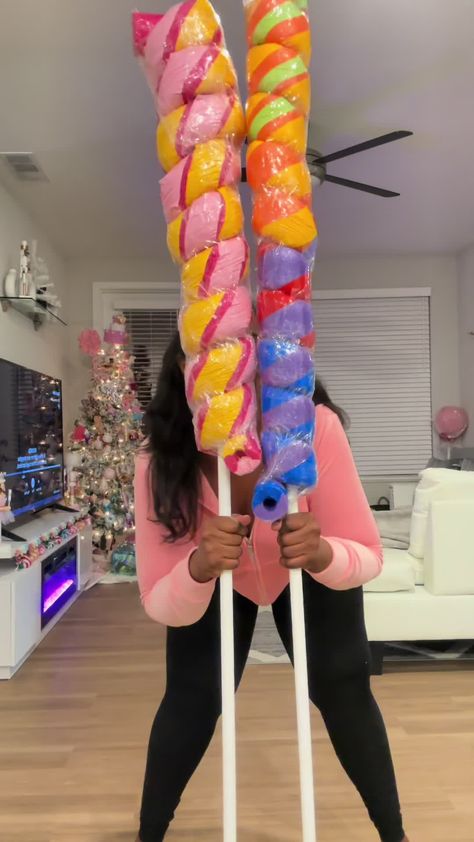 Candy Vbs Theme, Diy Willy Wonka Decorations, Large Candy Decorations Diy, Giant Lollipop Decorations Diy, Candy Land Birthday Party Ideas Diy, Diy Lollipop Decorations, Candyland Decorations Diy, Giant Candy Decorations Diy, Diy Giant Candy Props