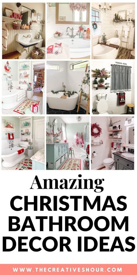 Transform your small bathroom into a rustic winter wonderland with these DIY Christmas bathroom decor ideas. From modern and neutral tones to farmhouse charm, discover creative ways to infuse the holiday spirit. Explore green and black accents, charming shower curtains, and even festive touches for the kids' bathroom. Sprinkle a dash of pink or keep it simple and elegant – there's a decor idea for every style. Elevate your small space with these easy and affordable Christmas bathroom decor tips. Winter Shower Curtain, Winter Wonderland Bathroom, Powder Room Christmas Decor Ideas, Christmas Decorations For Bathroom Decorating Ideas, Christmas Ideas For Bathroom, Bathroom Decor For Christmas, Pink Christmas Bathroom, Christmas Bathroom Decor Ideas Simple, Decorating Bathroom For Christmas