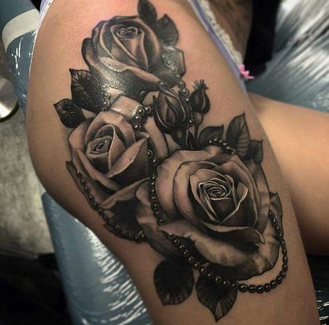 Rose tattoo! Pearl Tattoo, Roses And Pearls, Side Thigh Tattoos, Rose Tattoo Thigh, Black Rose Tattoos, Hip Tattoos Women, 4 Tattoo, Lace Tattoo, Thigh Tattoos Women