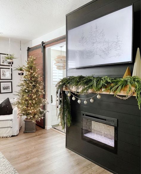 Christmas Mantle Decor With Tv, Garland Fireplace Mantle, Garland On Mantle, Norfolk Pine Garland, Christmas Fireplace Garland, Black Mantle, Christmas Garland Mantle, Christmas Fireplace Mantels, Fireplace Garland