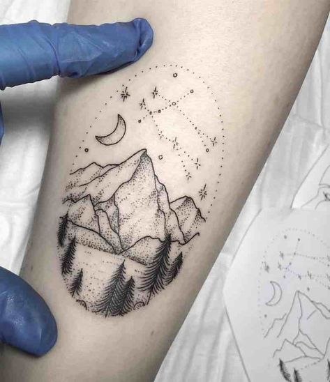 Mountain And Space Tattoo, Vertical Mountain Tattoo, Mountains And Stars Tattoo, Mountain Water Tattoo, Mountain And Waves Tattoo, Mountain Thigh Tattoo, Mountain And Stars Tattoo, Moutain Tattoos For Women, Mountain Tattoo Wrist