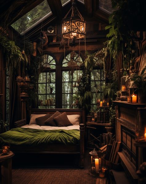 Gothic Witchy Bedroom, Dark Forest Bedroom Ideas, Dark Cottagecore Interior, Witchy House Interiors, Dark Forest Bedroom, Modern Rustic Home Office, Dark Botanical Aesthetic, Botanical Goth, Witchy Bedroom Aesthetic