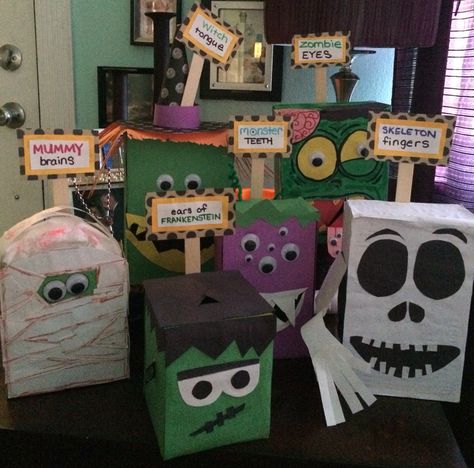 Monster Boxes Ideas For Halloween, Mystery Halloween Box Ideas, What’s In The Box Halloween, Halloween Touch And Feel Boxes, Halloween Mystery Boxes For Kids, Spooky Box Ideas, Halloween Mystery Box Ideas, Disney Halloween Diy, Halloween Fundraiser