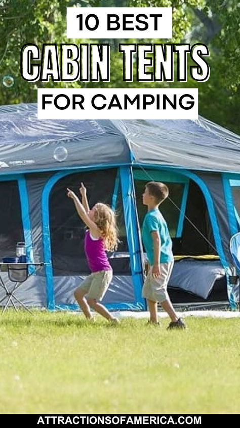 10 best cabin tents for camping with photo of a cabin tent and a family playing in front of it. Family Tents For Camping, 50 States Travel, Tents For Camping, Instant Tent, Cabin Tent, Camping Stuff, Family Tent, Camping Adventure, Future Mom