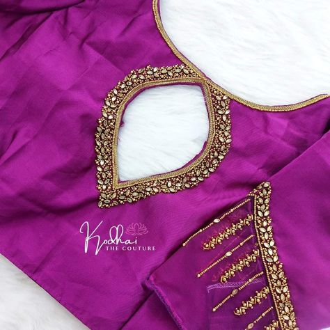 Boat Neck Simple Maggam Work, Blouse Shapes Patterns, Aari Boat Neck Blouse Design, Boat Neck Maggam Work Blouses, Boat Neck Aari Work Designs, Purple Blouses, Maggam Blouse, Netted Blouse Designs, Aari Design