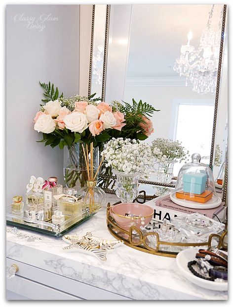 Adding Glam to Your Boudoir - a Blog Hop | vanity decor, vanity trays, tray styling, jewelry display, perfume display, glam vanity | Classy Glam Living Display Perfume, Glam Vanity, 2024 Bedroom, Vanity Trays, Styling Jewelry, Jewerly Displays, Glam Living, Perfume Display, Classy Decor