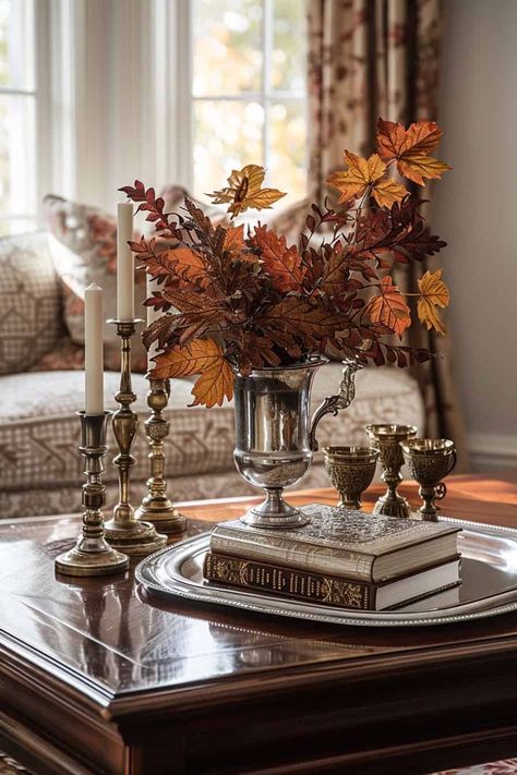 Fall Table Bouquet, Coffee Table Decor Ideas Living Room, Coffee Table Scapes, Vintage Coffee Table Decor, Autumn Coffee Table Decor, Coffee Table Fall Decor, House Room Design, Styling Coffee Table, October Magic