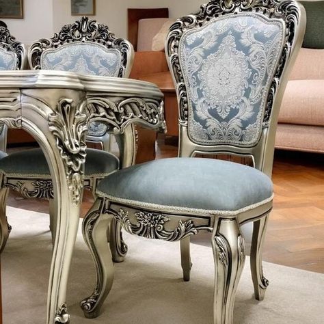 “PRADO Baby Blue" DINNIG& LIVING Series Last Piece 🔥❤️ متبقى طقم واحد A Royal Style Handmade Dining and Living Room Dining Set includes⭐️⭐️⭐️⭐️⭐️ Big Table with 8 Chairs (2 armchairs) Living Set includes Sofa, Loveseat, 2 arm chairs, center table and 2 side tables. Made of premium quality solid wood 💪 Premium champagne paint and finish With high quality Fabric upholstery Durable construction and elegant look. ✨💥✨💥✨💥✨✨💥✨💥 Order today and enjoy free delivery PRADO Dining Room Set https://www... Royal Blue Chair, 2 Side Tables, Interior Presentation, Royal Furniture, Big Table, Dining And Living Room, Sofa Loveseat, Royal Style, Dining Room Set