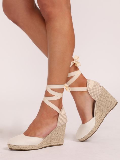 Ankle Wrap Closed Toe Espadrille Wedges | SHEIN USA Straps Heels, Closed Toe Wedges, Beige Heels, Toe Post Sandals, Closed Toe Sandals, Women's Espadrilles, Studded Heels, Ankle Strap Wedges, Ankle Wrap