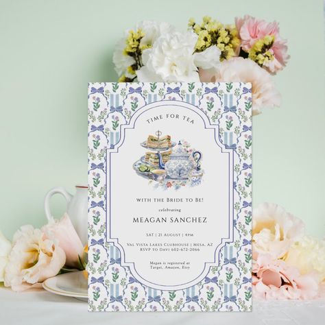 Blue Floral Coquette Tea Party Bridal Shower Invitation Coquette Tea Party, Grandmacore Aesthetic, Tea Party Bridal Shower Invitations, Pink Bridal Shower Invitations, Tea Party Bridal, Chic Bridal Showers, Awesome Bachelorette Party, Tea Party Invitations, Simpler Times