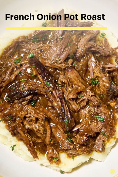 Learn how to make French onion pot roast – tender braised beef in a rich, caramelized onion gravy. French Onion Stew, French Onion Braised Beef, Pot Roast Crock Pot Recipes Onion Soup, French Onion Roast Crock Pot, French Onion Chuck Roast, French Onion Roast, French Onion Pot Roast, Pot Roast Crock Pot Recipes, Chuck Roast Recipes