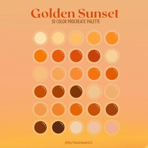 30-Color Golden Sunset Procreate Palette for Digital Artists that brings a golden sunset's warmth and radiance to your digital artwork with the 30-Color Golden Sunset Procreate Palette. This palette features 30 beautiful shades of gold, orange, and red, perfect for creating stunning sunsets, landscapes, and more. Whether you're a digital artist or designer, this palette is a must-have tool for adding depth and vibrancy to your work. The digital download is ready to use in Procreate, making it a convenient and essential addition to your creative toolkit. Get ready to create breathtaking artwork that captures the beauty of a golden sunset. Included  Golden Sunset _Colors_Swatches. swatches File The Procreate swatch file with 25 colors is ready for instant download and use in your Procreate a Sunset Procreate, Procreate Palette, Sunset Color Palette, Sunset Color, Golden Sunset, Must Have Tools, Color Palette Design, Ipad Art, Golden Glow