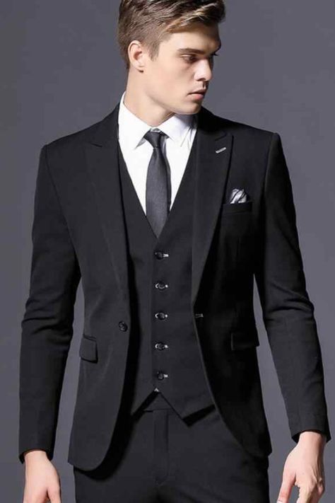 3piece Suit Men Wedding Black, Black And White Formal Outfit Men Classy, Black 3 Piece Suit Men Wedding, Black White Suit Men, Convocation Suits For Men, Black Three Piece Suit Men Wedding, Black Three Piece Suit Men Classy, 3 Piece Black Suit Men, Black And White Prom Suit