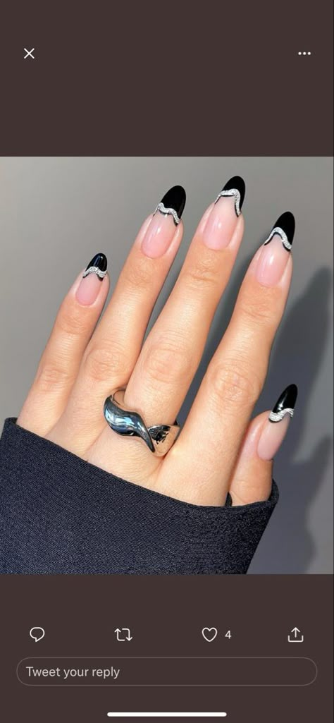 Nail Designs To Go With A Black Dress, Black Nail Art With Glitter, Silver And Black Nail Ideas, Silver Ball Nails, Black And Silver Prom Nails Almond, Silver Black And White Nails, Black And Silver Nail Designs For Prom, Black And Sliver Nails For Prom Design, Black Nail Designs Prom