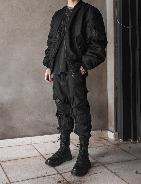 Techwear, Streetwear, Bomber Jacket, Jacket, Cargo Pants, Tech Pants, Emo, Black, Dark, Outfit, Black Outfit, All Black Outfit, Future, Futuristic, Darkwear, Cyberpunk, Chains, Eboy, Anime Boy, Kpop, Fashion, Streetstyle, Techno, Aesthetic, Photography, Urban, Urban Style, Boots, Combat Boots, cyberpunk edgerunners, edgerunners Tech Wear Aesthetic Outfits, Mens Techwear Aesthetic, Black Tech Outfit, Men’s Cyberpunk Outfit, Tactical Wear Aesthetic Men, Techwear Outfits Aesthetic, Cyberpunk Outfit Casual, Outfit Ideas Techwear, Techwear Men Outfit Aesthetic