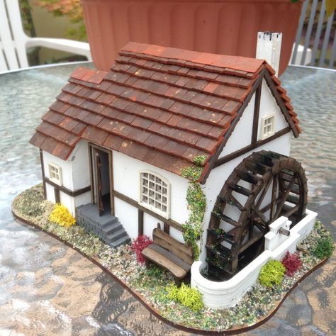 New 1/48 Water Mill with added extras a handmade Well, rustic bench and real slate floor tiles Minecraft House With Water Wheel, Waterwheel Minecraft, Cottage With Water Wheel, Minecraft Medieval Watermill, Water Wheel House, House With Water Wheel, Mini Chalet, Slate Floor, Slate Tile Floor