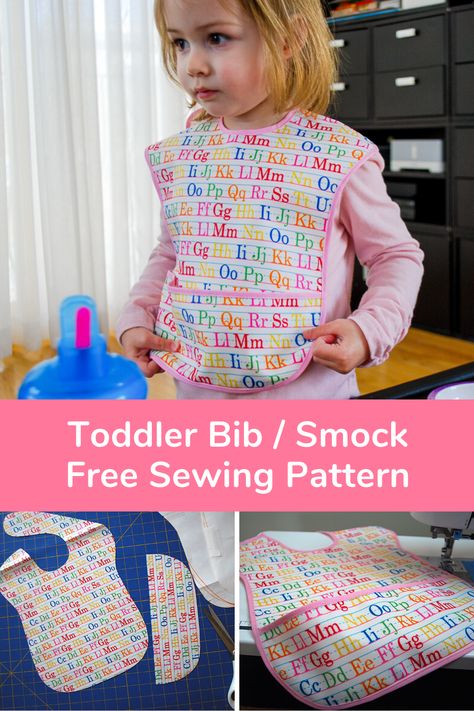 Sew this toddler bib / art smock for growing kids! This free sewing pattern printable and DIY tutorial is easy for beginners to sew for older babies and toddlers. This large bib features an optional deep pocket to catch spills. Download this free toddler bib pattern to see how to make it yourself from fabric or hand towels! #sewing #bib   #toddler #sew #DIY #freepattern #pattern #printable #sewingpattern #bibs #toddler #sewingforkids Toddler Bibs Pattern, Toddler Bib, Toddler Patterns, Trendy Sewing Patterns, Baby Bibs Patterns, Toddler Bibs, Bib Pattern, Trendy Sewing, Diy Toddler