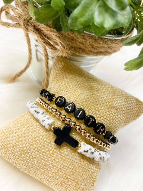 *3PC Set *Made to fit your wrist just right ❤️ Diy Faith Jewelry, Cross Bead Bracelet, Faith Bracelet Diy, Wwjd Clay Bead Bracelet, Christian Bracelet Ideas, Bead Bracelets Diy, Chip Bead Jewelry, Stretch Beaded Bracelets Diy, Bracelet Clay