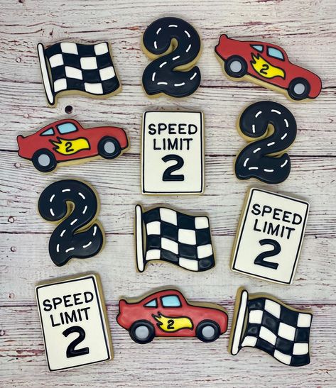 "Having a racing theme birthday party or another racing theme event? Speed up the fun with our awesome hand-decorated sugar cookies!    This 12 cookie listing includes: (3) Number cookies in your choice of number (3) Checkered flag cookies (3) Race car cookies (3) Speed limit sign cookies with your number choice All above cookies measure approximately 3\"- 3-1/2\" and come individually bagged and bowed. We do not use added preservatives, so all items are made to order.  Unless you request otherw Two Fast Car Theme Birthday, 2nd Race Car Birthday, Car First Birthday Party Ideas, Race Car Birthday Desserts, Race Car Birthday Party Cake, Race Car Theme 2nd Birthday, Race Car Birthday Dessert Table, Two Fast Birthday Decor, Racing 3rd Birthday Party