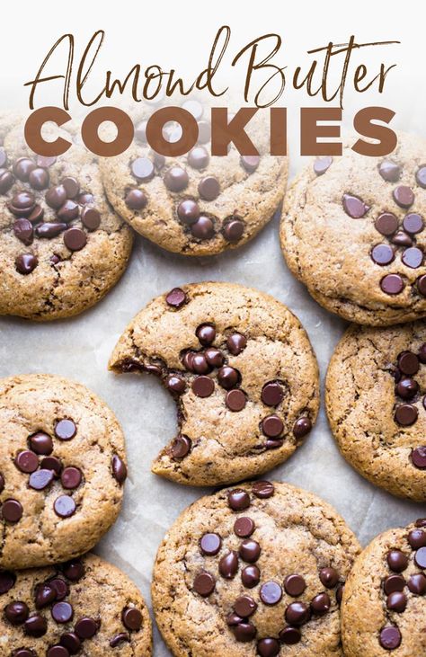 Amazing & chewy almond butter chocolate chip cookies. A decadent healthy cookie filled with creamy almond butter and melted chocolate chips. This gluten free cookie recipe is SO yummy, super soft & chewy, and totally addicting! | asimplepalate.com #cookie #dessert #glutenfree #almondbutter #easy Almond Butter Chocolate Chip Cookies, Gluten Free Cookie Recipe, Melted Chocolate Chips, Almond Butter Chocolate, Gluten Free Cookie, Almond Butter Recipes, Healthy Cookie, Almond Butter Cookies, Gluten Free Cookie Recipes