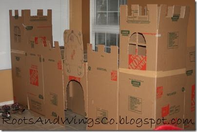 Sometimes the simplest things in life are the best!       Have extra moving boxes?  Make yourself a castle!  This one has two turrets, a f... Cardboard Box Castle, Cardboard Forts, Kingdom Vbs, Castle Backdrop, Cardboard Castle, Medieval Decor, Medieval Party, Indoor Playhouse, Castle Decor