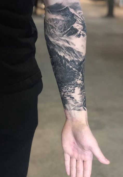 If you are a fan of nature and outdoors, this might be an excellent choice for a tattoo. Nature tattoos can symbolize different things, for example, trees represent life, the ability to transform and grow, while mountains mean consistency and state of absolute consciousness. Mountain Sleeve Tattoo, Natur Tattoo Arm, Pin Tattoo, Quarter Sleeve Tattoos, Mountain Tattoo Design, Nature Tattoo Sleeve, Octopus Tattoos, Cool Arm Tattoos, Forearm Tattoo Design