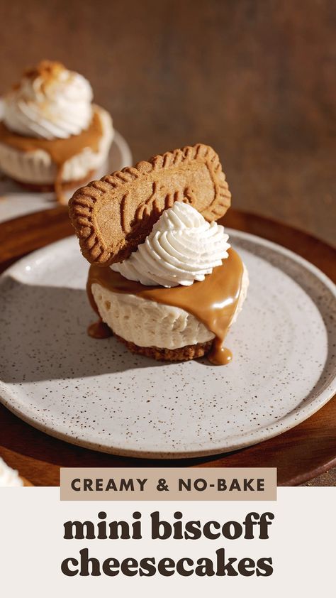 These no-bake mini biscoff cheesecakes are super creamy with a crunchy biscoff crust and airy whipped cream on top. They're easy to make and the perfect summer treat. Biscoff Crust, Biscoff Cheesecake, Thyme Recipes, Cheesecake Toppings, Biscoff Spread, Biscoff Cookies, Bake Recipes, Crunchy Cookies, Spice Cookies